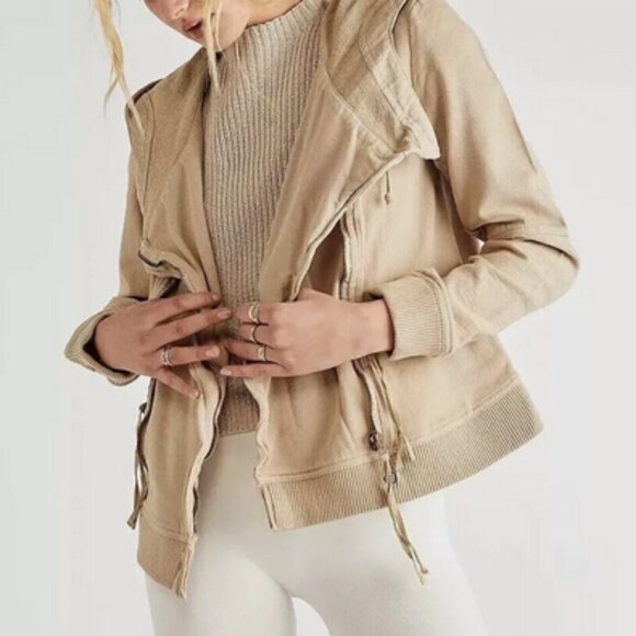 Free People Carmen Moto Jacket Hoodie Zipper Beige New M